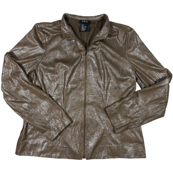 Vintage Jackets & Blazers - RQT Metallic Embossed Zip Jacket Womens Small Bronze Silver Shiny Faux Snakeskin